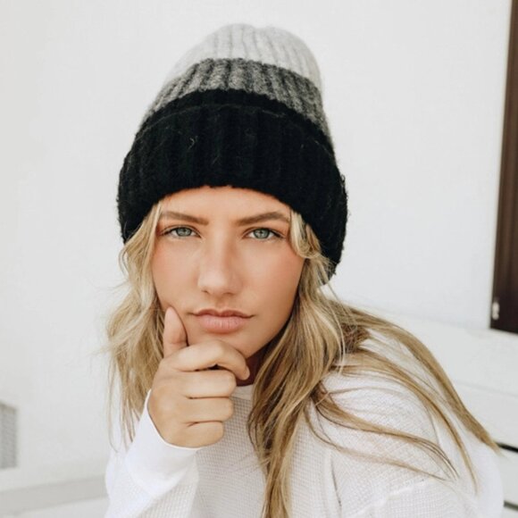 Color Block Wool Blend Knit Beanie Black/Gray - Picture 2 of 2